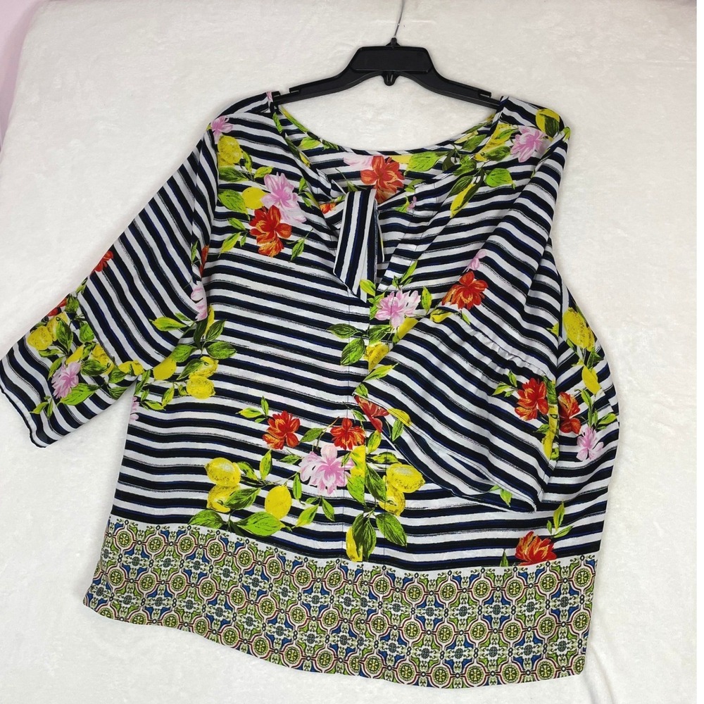 Valarie Sevens Women's 1X Striped Floral Lemon Bell Sleeve‎ Bow Neck Polyester